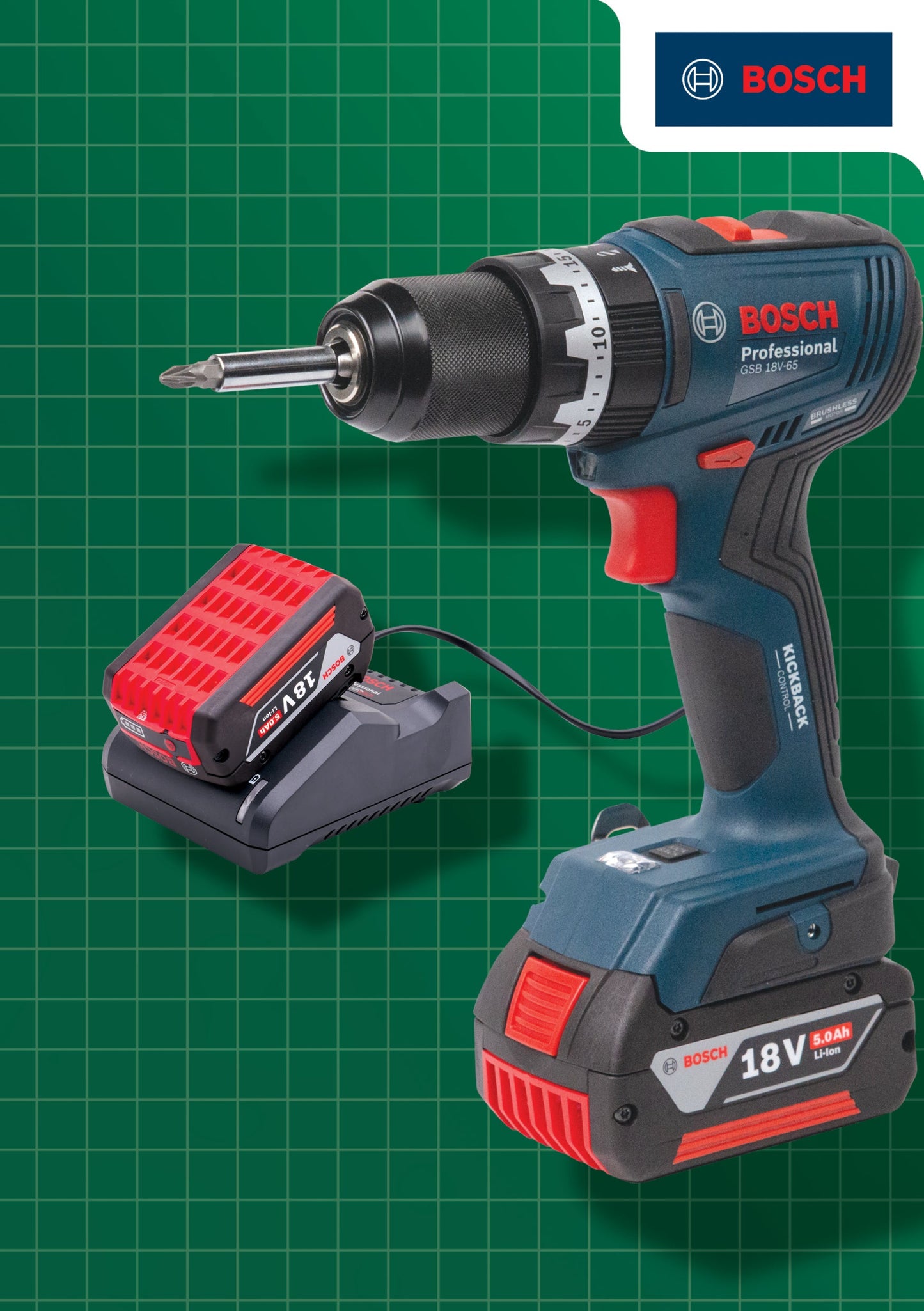 Bosch 18 V Brushless Combi Drill Kit – 2 × 5.0 Ah Batteries, Charger & Case