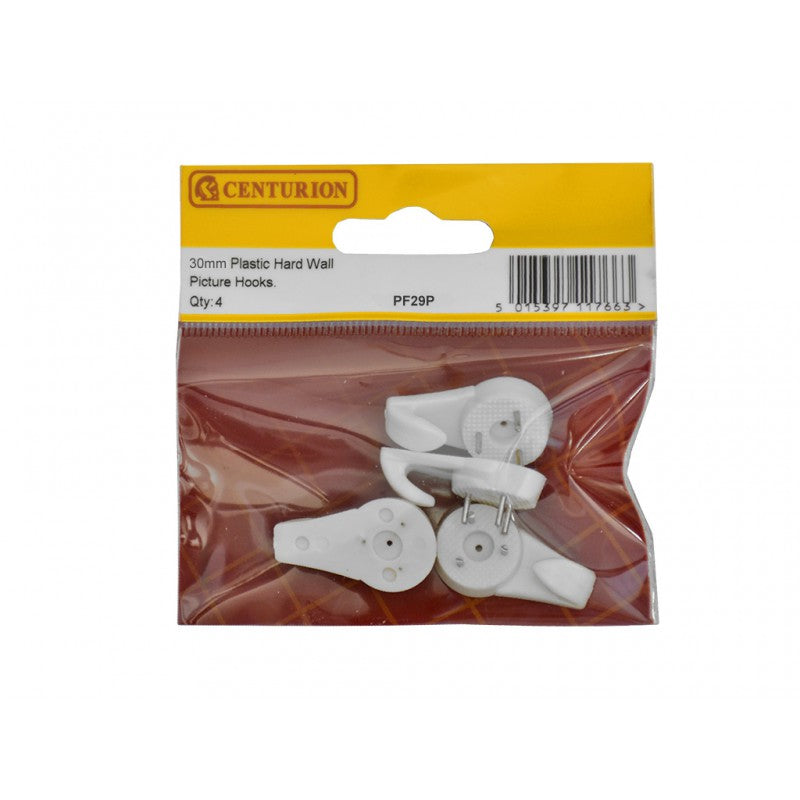Centurion 30mm Plastic Hard Wall Picture Hooks (Pack of 4) - O'Tooles Tools
