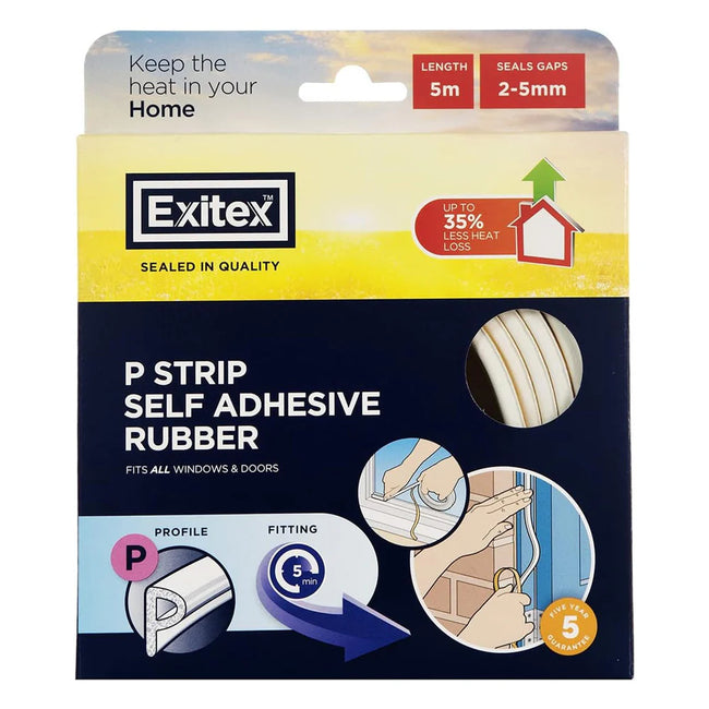 Exitex Self Adhesive Rubber Draught Excluder - P Strip 5M - White or Brown