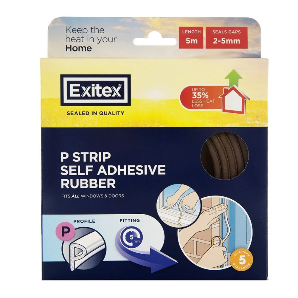 Exitex Self Adhesive Rubber Draught Excluder - P Strip 5M - White or Brown