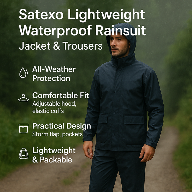 Satexo Rainwear Lightweight Rainsuit – Waterproof Jacket & Trousers Set