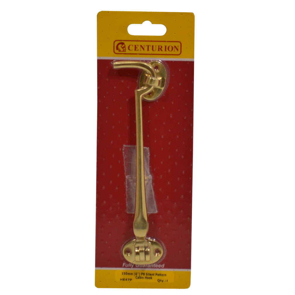 Silent Pattern Brass Cabin Hook - Polished Brass 150mm