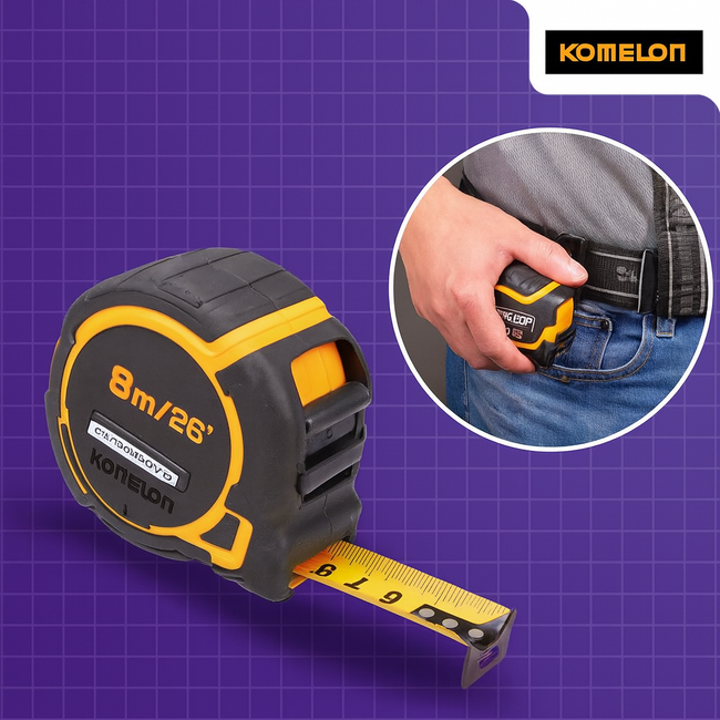 Komelon 8M Contractors Tape + Free Quick Draw Belt Clip