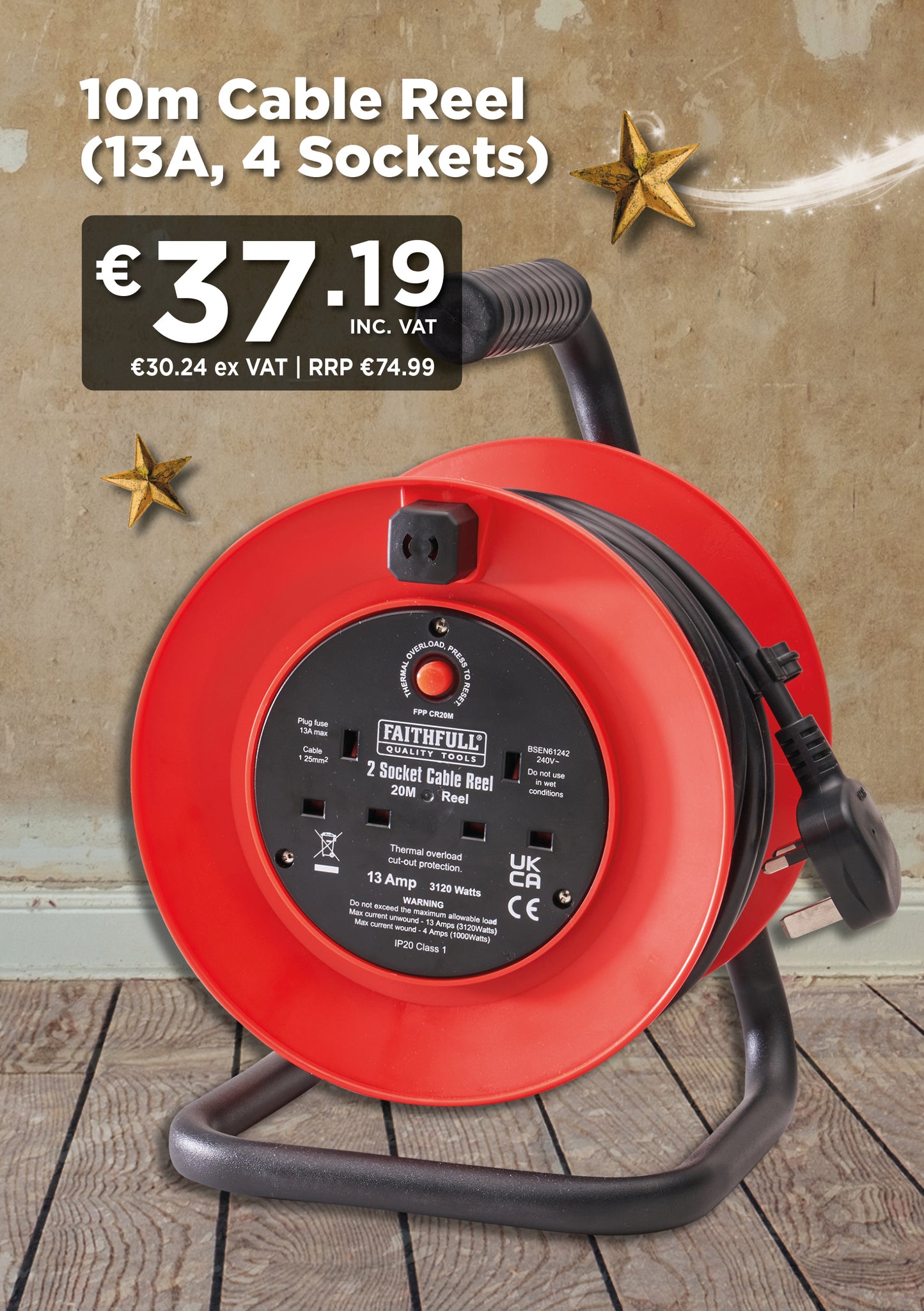 Faithfull 20M Power Plus Cable Reel