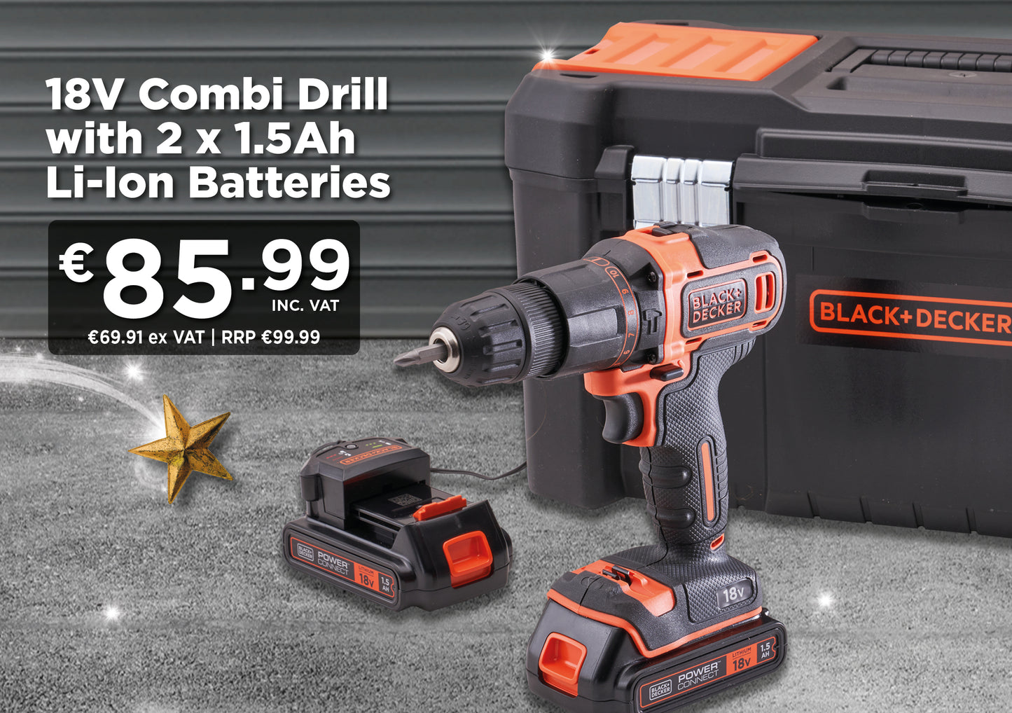 Black+Decker 18V Li-ion Brushed Cordless Combi drill & 2 x 1.5Ah
