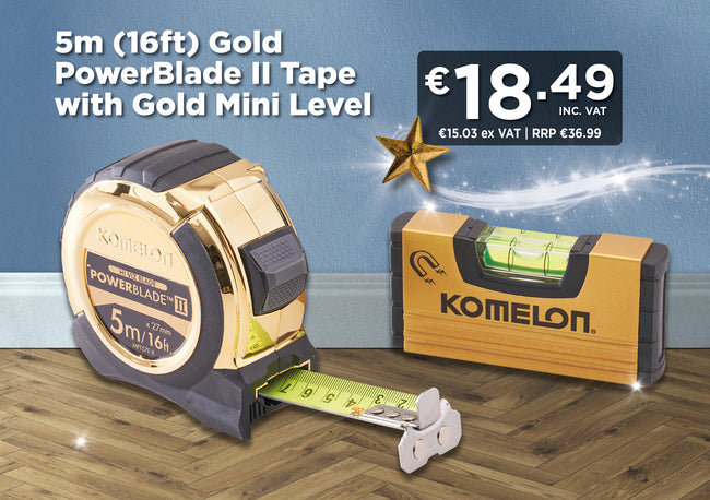 Komelon Limited Edition 5m Gold PowerBlade II Tape with Gold Mini Level