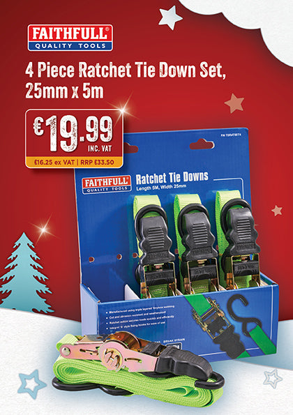 Faithfull Ratchet Tie-Downs 5m x 25mm Green - 4pc