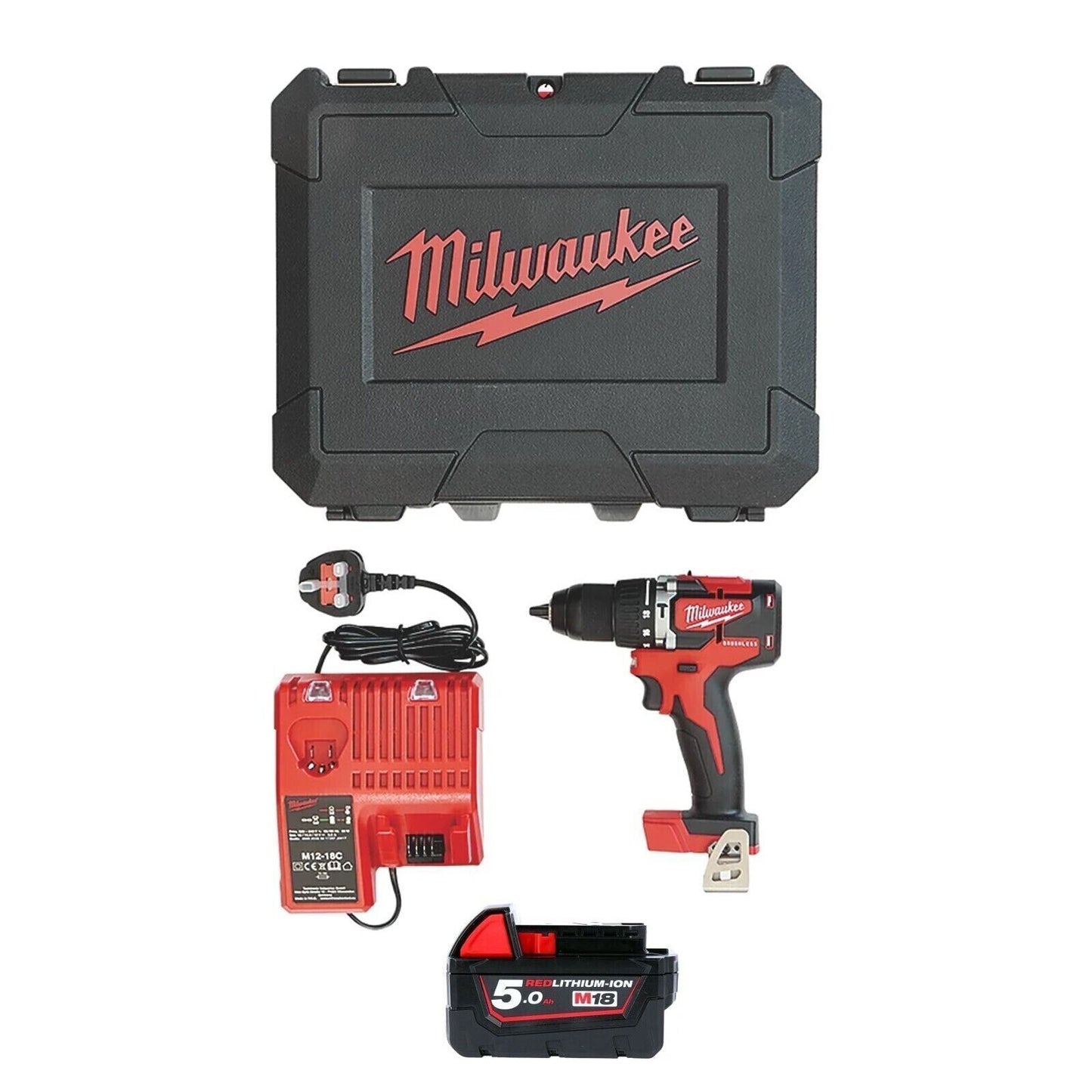 Milwaukee M18 Brushless Combi Drill 18V + 5ah battery + carry case