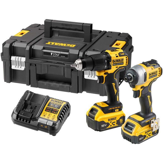 DeWalt 18V XR Brushless Combi Drill & Impact Driver Kit – 2 × 5Ah Batteries