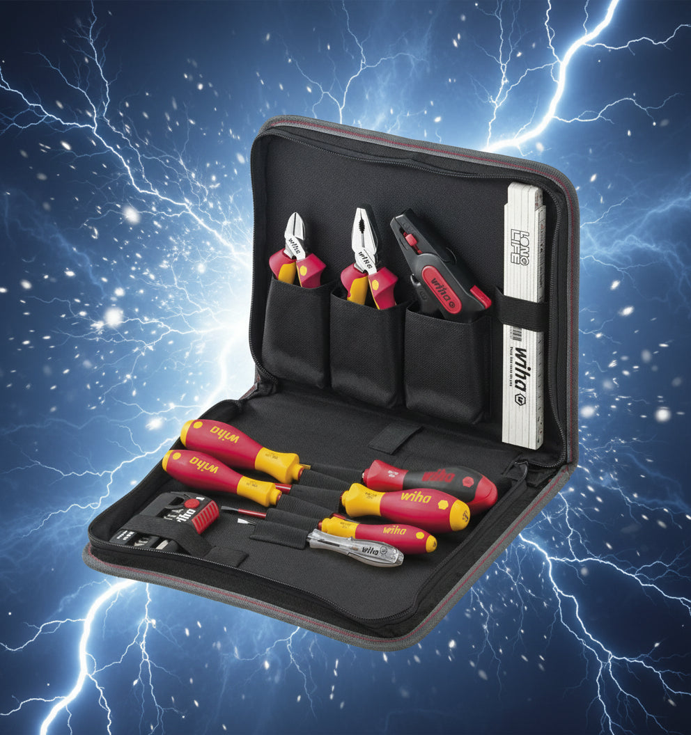 Open tool case with various tools including screwdrivers and pliers, branded 'Wiha'.
