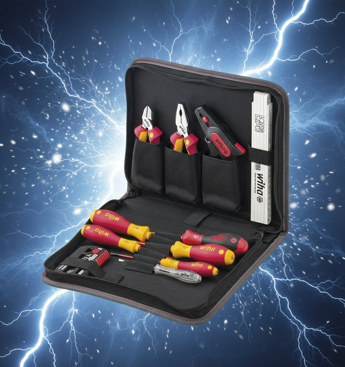 Open tool case with various tools including screwdrivers and pliers, branded 'Wiha'.