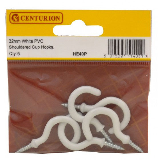 Centurion 32mm White PVC Shouldered Cup Hooks (Pack of 5) - O'Tooles Tools